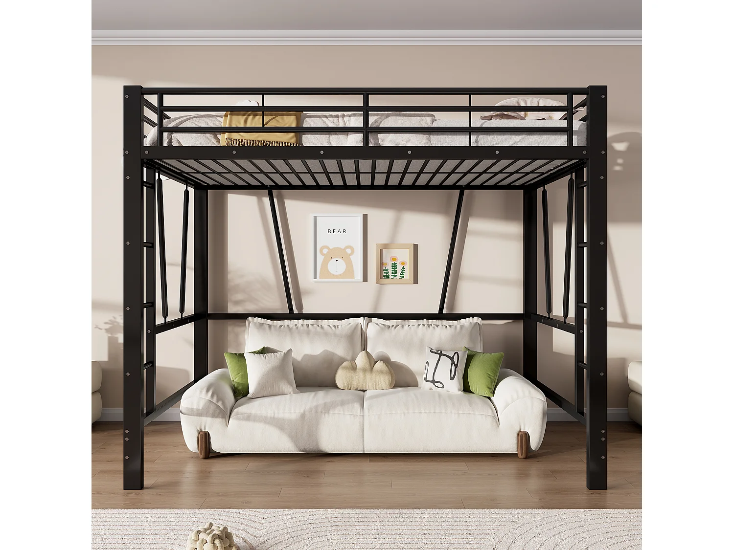 Lit mezzanine 90 x 200 cm - Cadre de lit en métal - 2 échelles - noir (matelas non inclus)