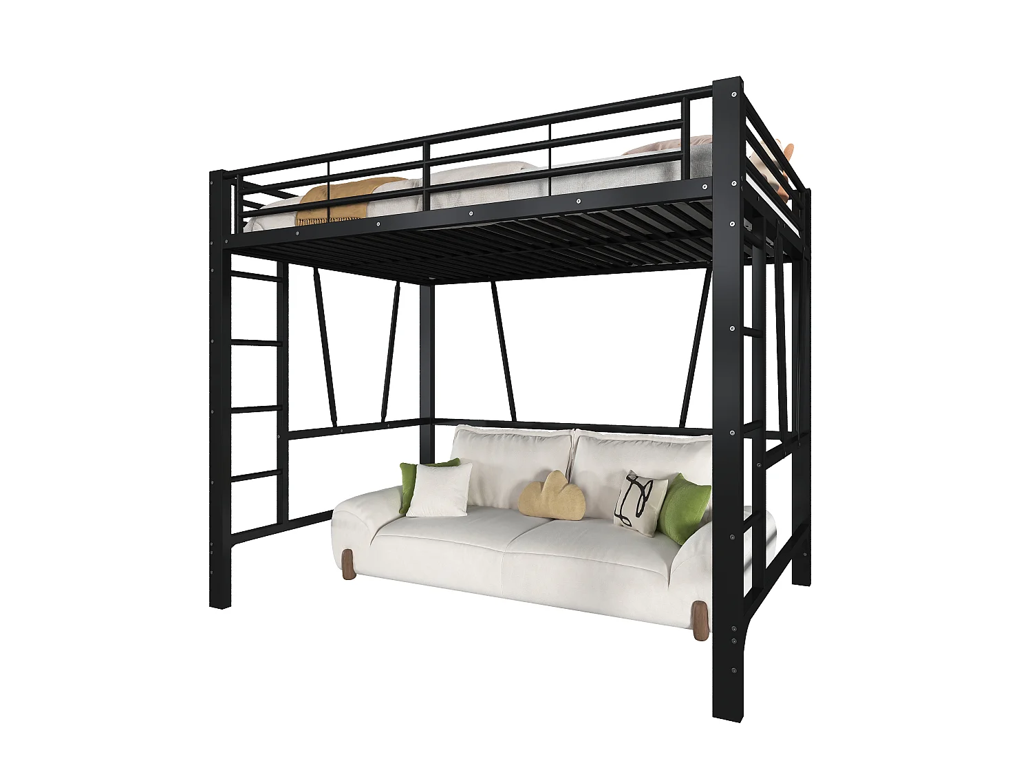 Lit mezzanine 90 x 200 cm - Cadre de lit en métal - 2 échelles - noir (matelas non inclus)