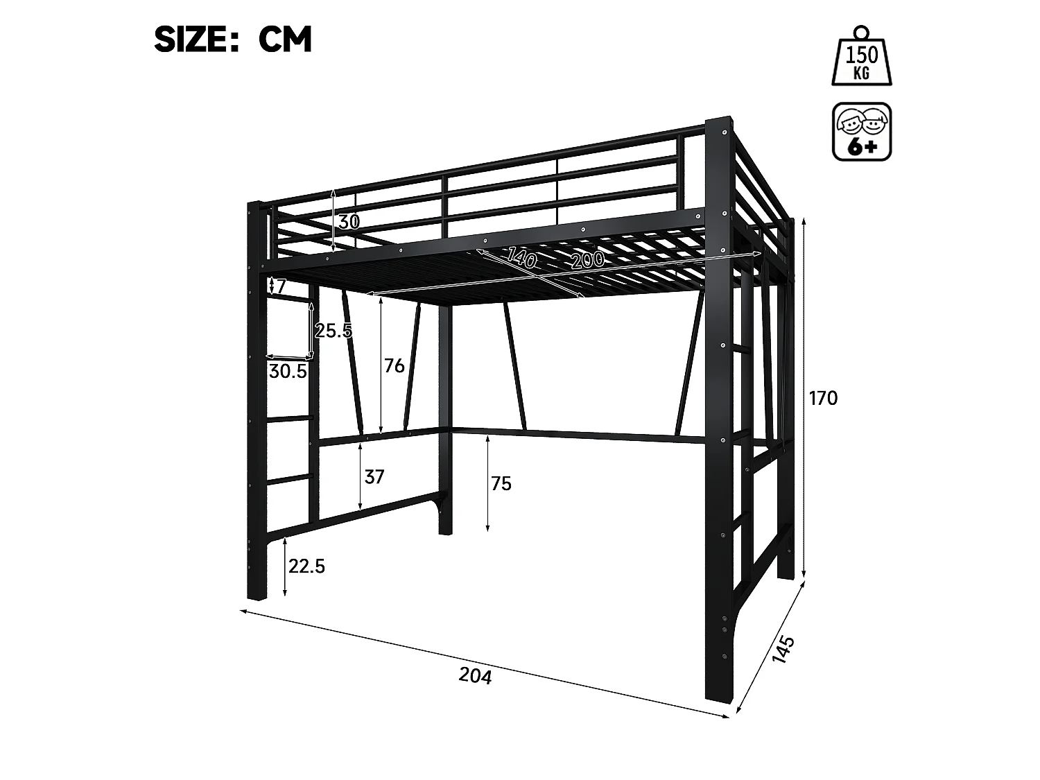 Lit mezzanine 90 x 200 cm - Cadre de lit en métal - 2 échelles - noir (matelas non inclus)