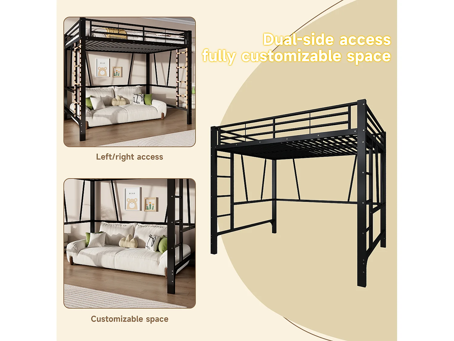 Lit mezzanine 90 x 200 cm - Cadre de lit en métal - 2 échelles - noir (matelas non inclus)