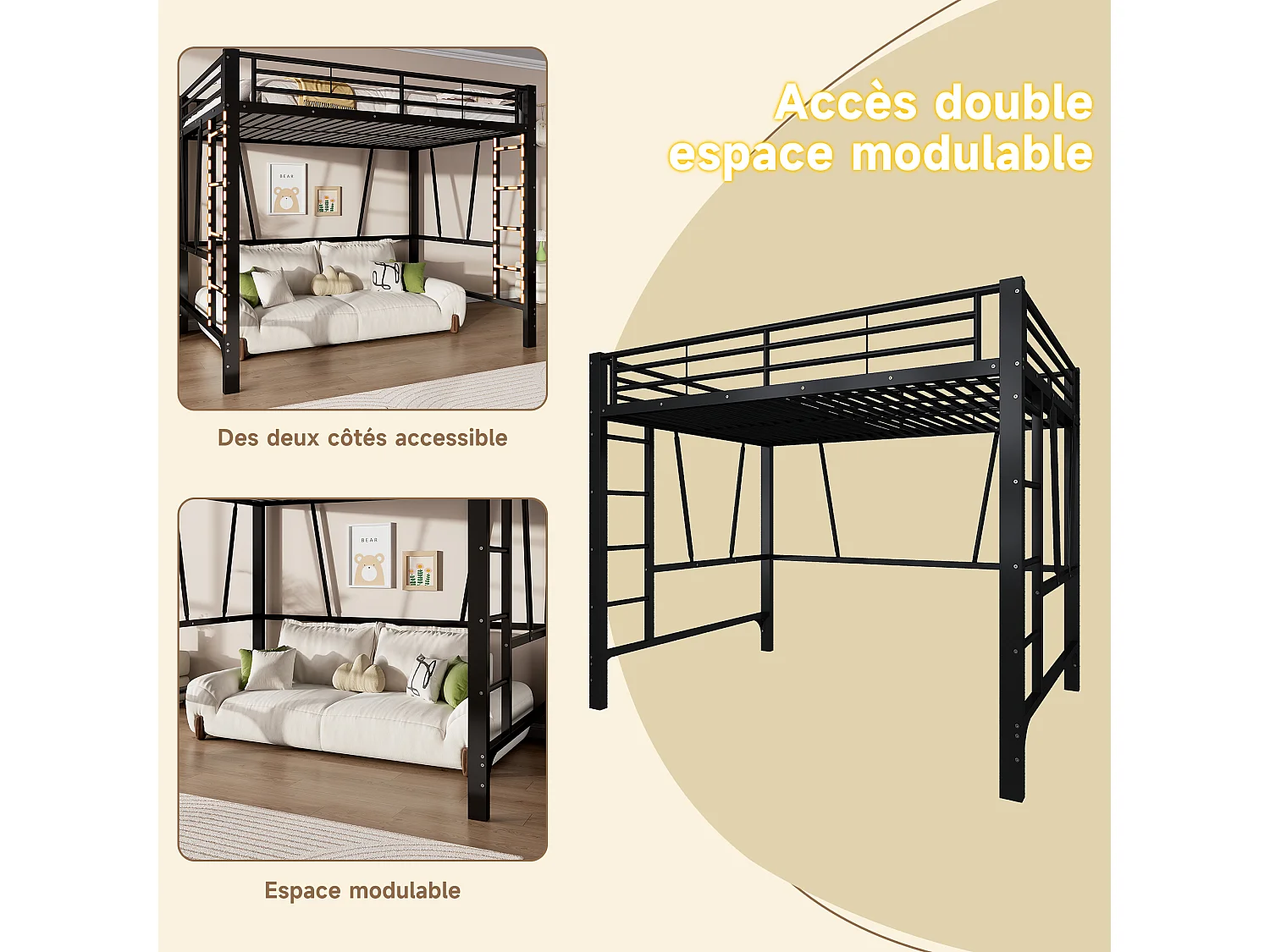 Lit mezzanine 90 x 200 cm - Cadre de lit en métal - 2 échelles - noir (matelas non inclus)