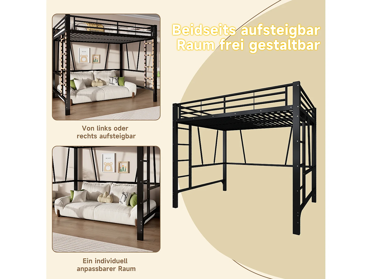 Lit mezzanine 90 x 200 cm - Cadre de lit en métal - 2 échelles - noir (matelas non inclus)