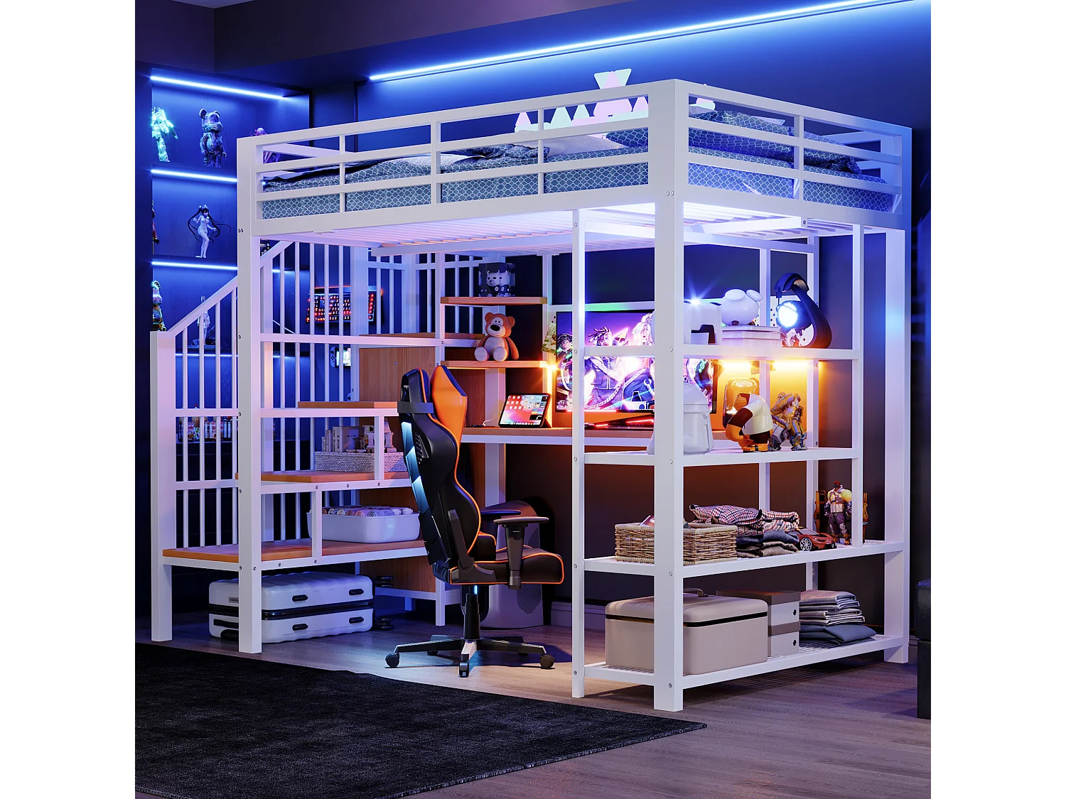 Lit mezzanine 140x200 cm avec bureau intégré, LED et prises - Lit en métal et bois blanc