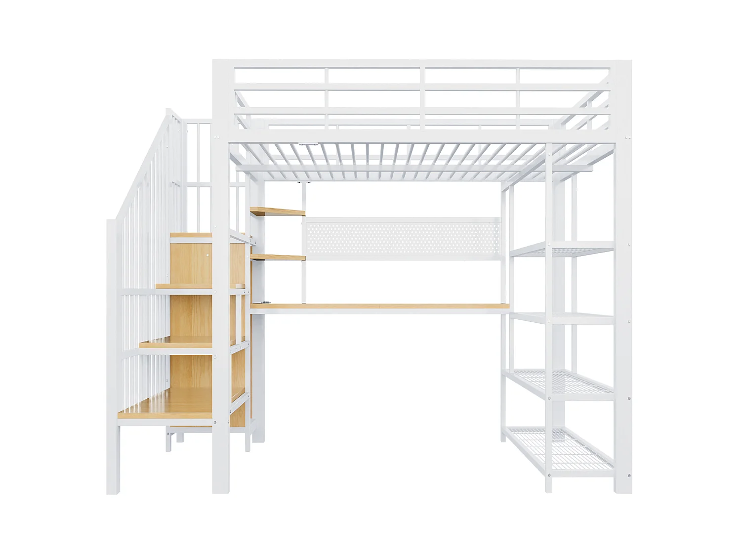 Lit mezzanine 140x200 cm avec bureau intégré, LED et prises - Lit en métal et bois blanc