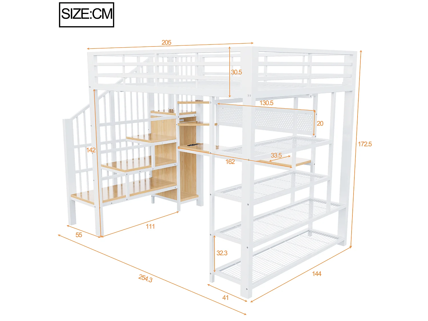 Lit mezzanine 140x200 cm avec bureau intégré, LED et prises - Lit en métal et bois blanc