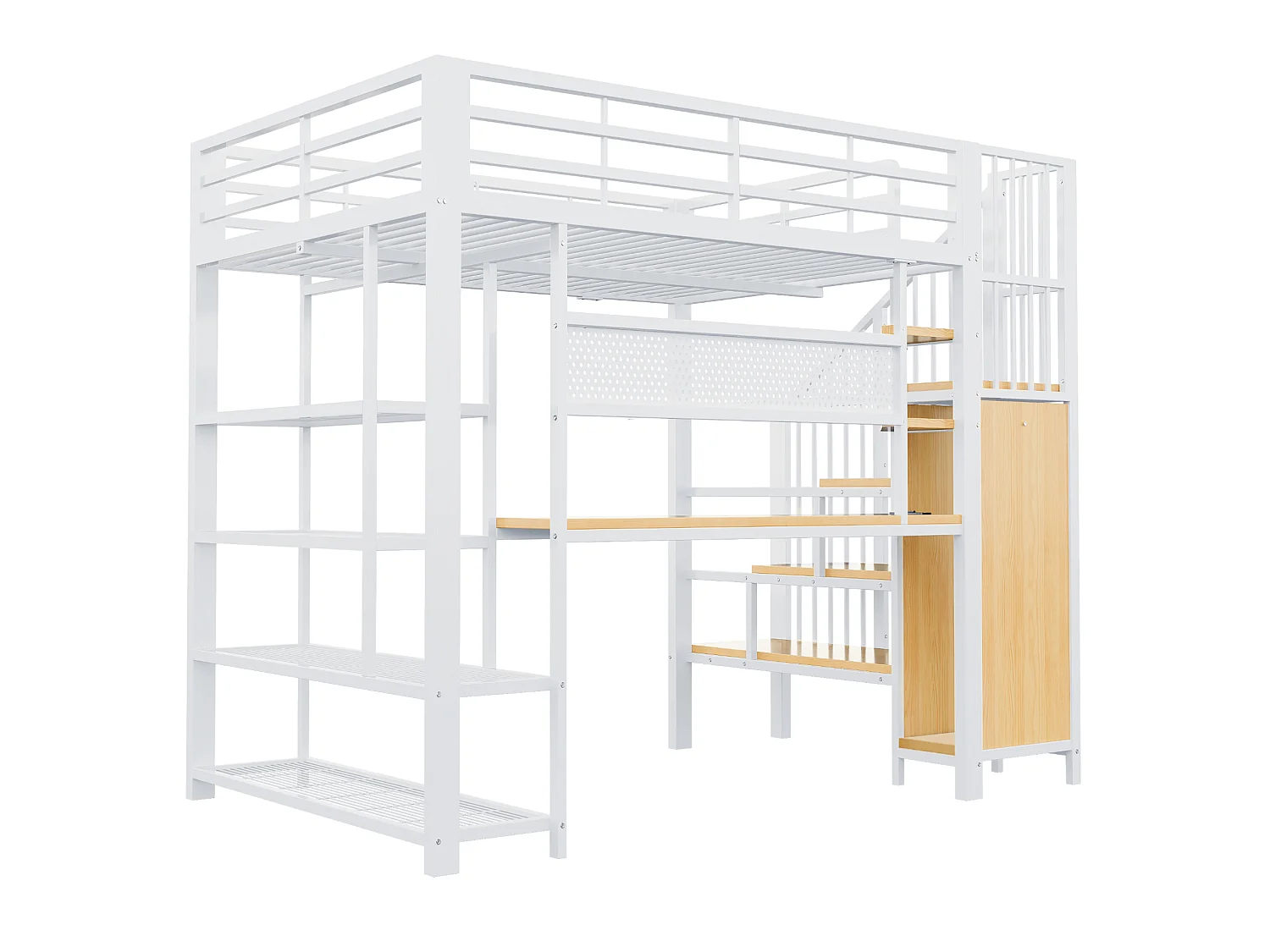 Lit mezzanine 140x200 cm avec bureau intégré, LED et prises - Lit en métal et bois blanc
