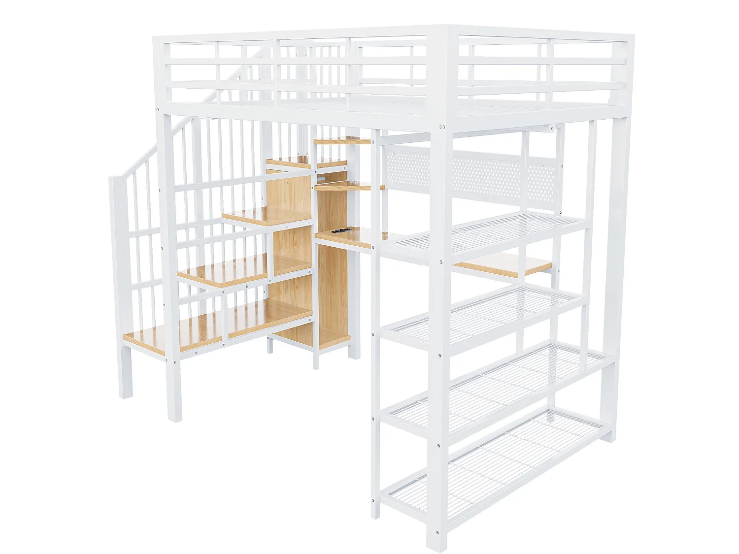 Lit mezzanine 140x200 cm avec bureau intégré, LED et prises - Lit en métal et bois blanc