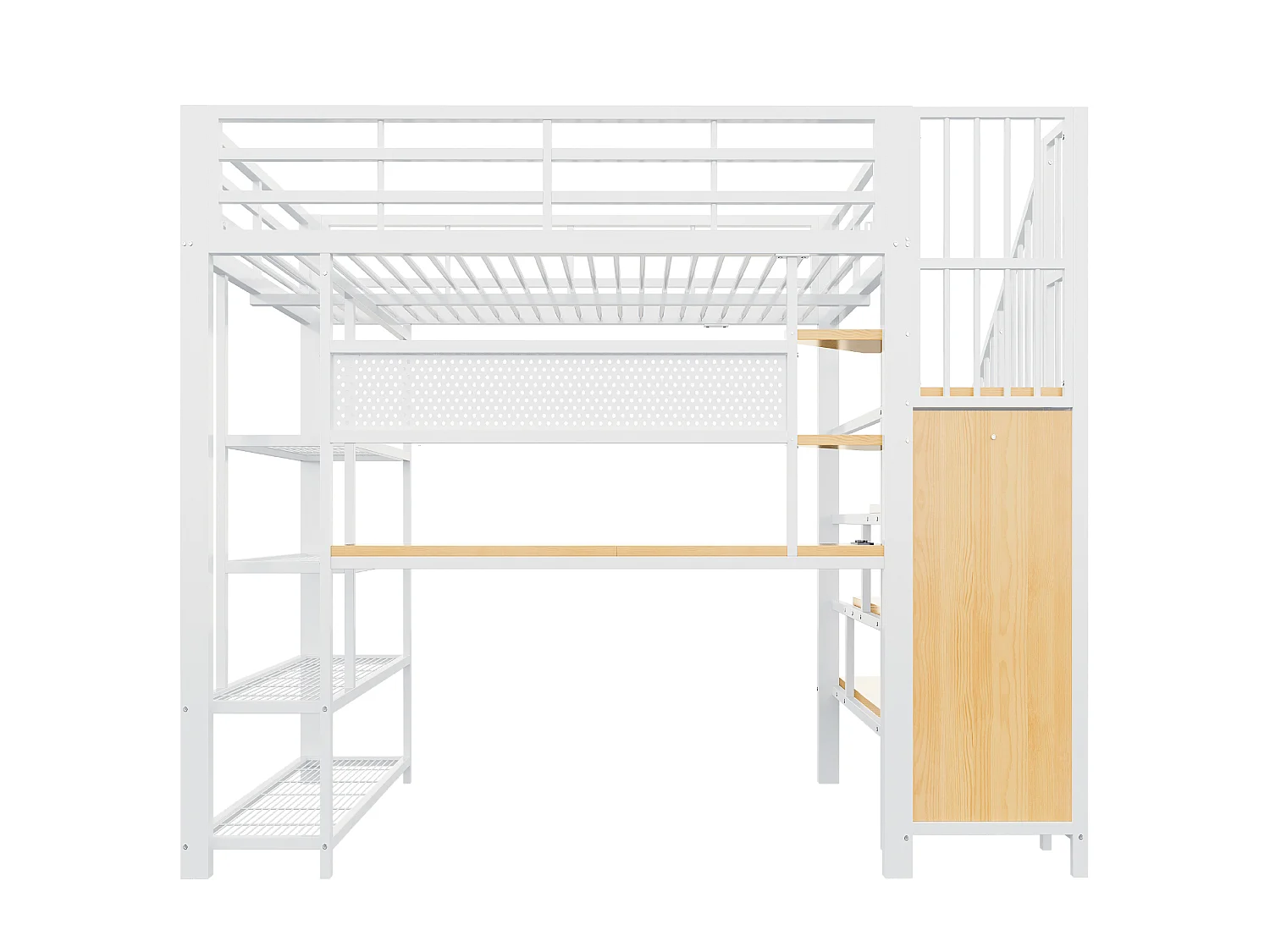 Lit mezzanine 140x200 cm avec bureau intégré, LED et prises - Lit en métal et bois blanc