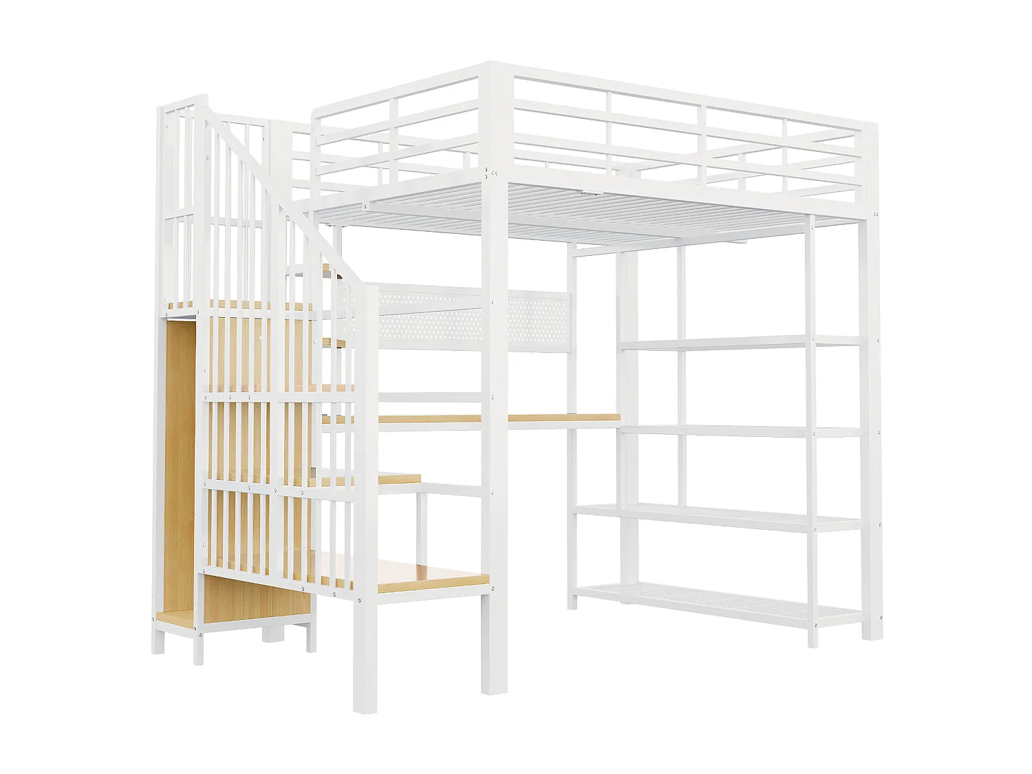 Lit mezzanine 140x200 cm avec bureau intégré, LED et prises - Lit en métal et bois blanc