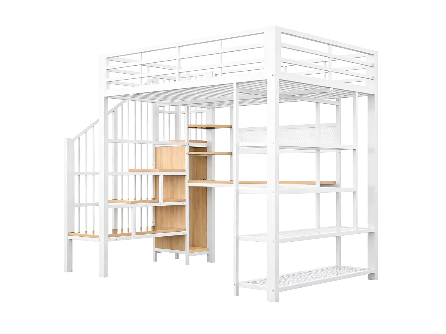 Lit mezzanine 140x200 cm avec bureau intégré, LED et prises - Lit en métal et bois blanc