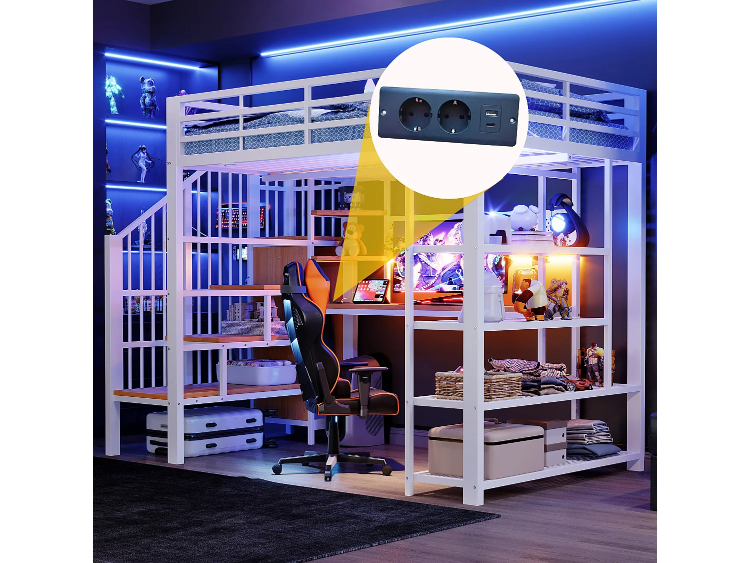 Lit mezzanine 140x200 cm avec bureau intégré, LED et prises - Lit en métal et bois blanc