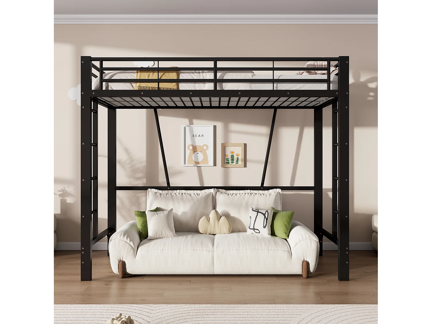 Lit mezzanine 90 x 200 cm - Cadre de lit en métal - 2 échelles - noir (matelas non inclus)