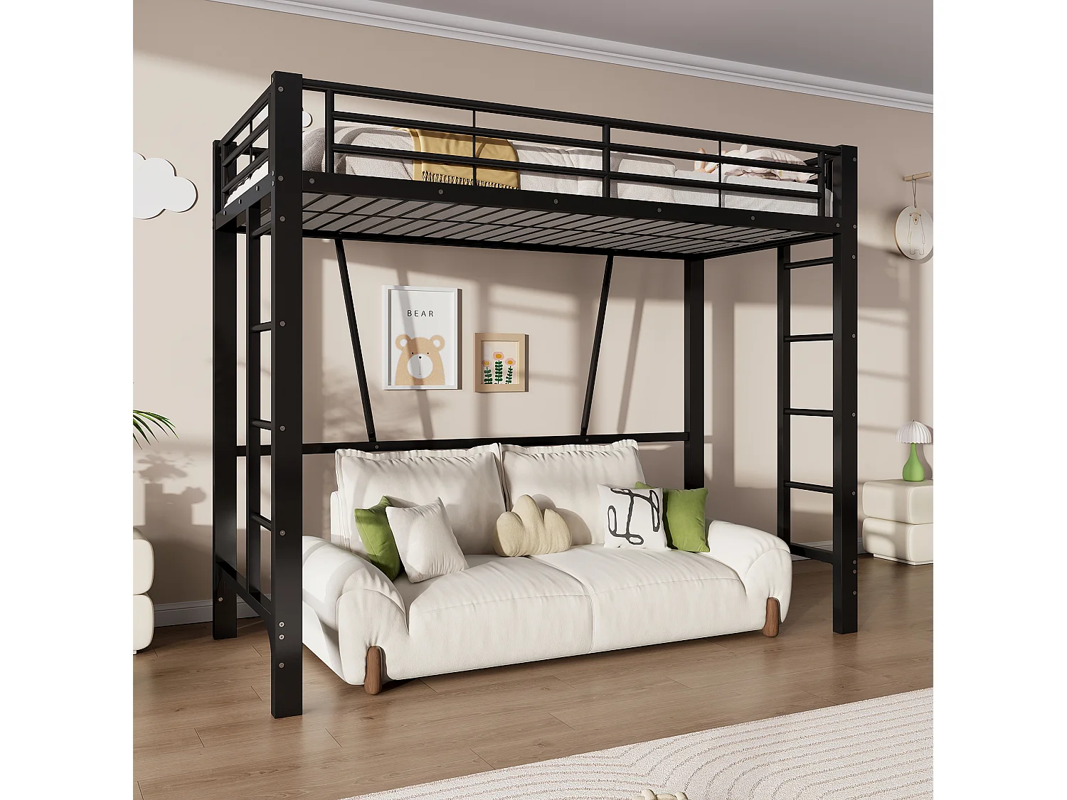 Lit mezzanine 90 x 200 cm - Cadre de lit en métal - 2 échelles - noir (matelas non inclus)