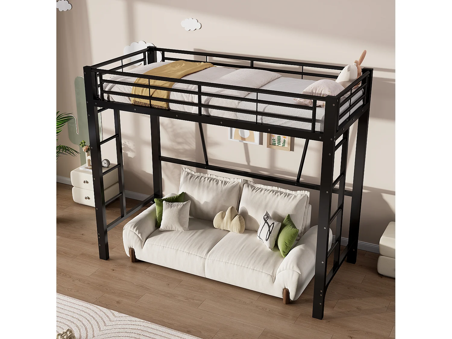 Lit mezzanine 90 x 200 cm - Cadre de lit en métal - 2 échelles - noir (matelas non inclus)