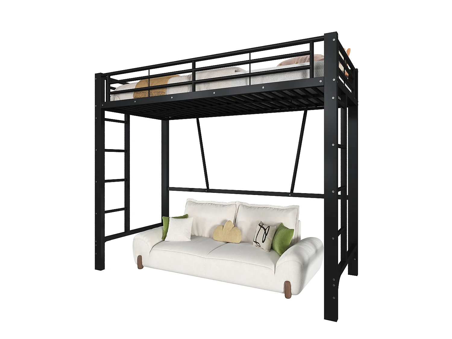 Lit mezzanine 90 x 200 cm - Cadre de lit en métal - 2 échelles - noir (matelas non inclus)