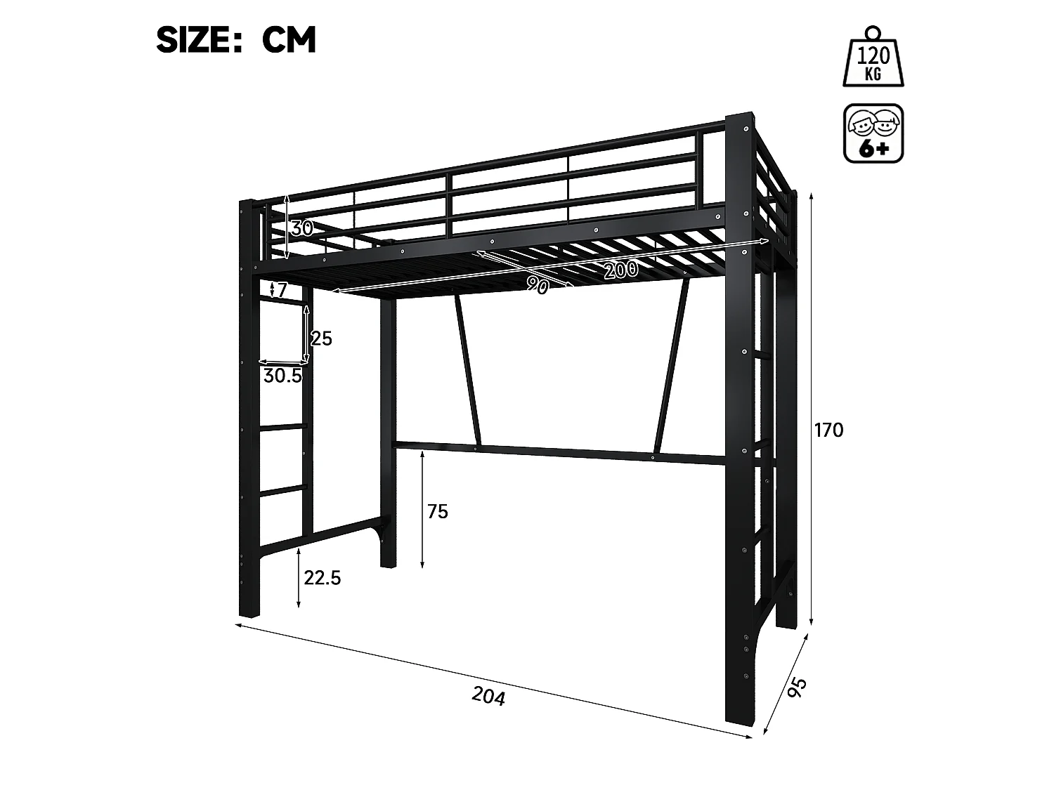 Lit mezzanine 90 x 200 cm - Cadre de lit en métal - 2 échelles - noir (matelas non inclus)