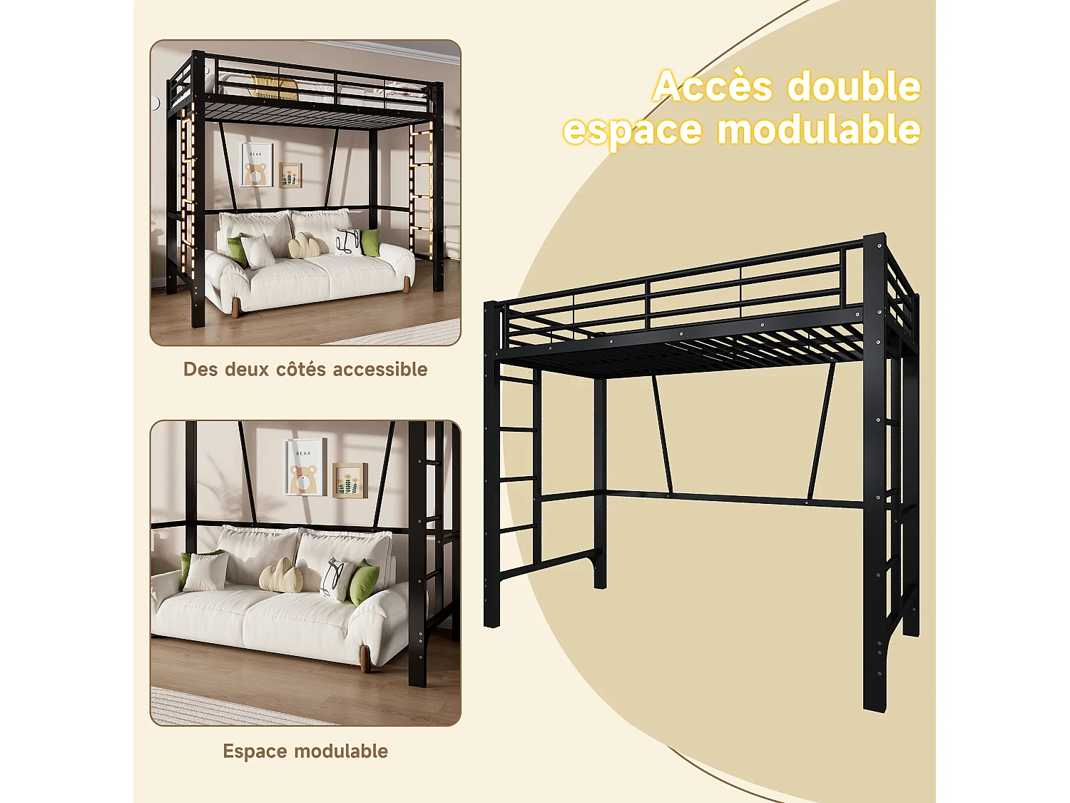 Lit mezzanine 90 x 200 cm - Cadre de lit en métal - 2 échelles - noir (matelas non inclus)