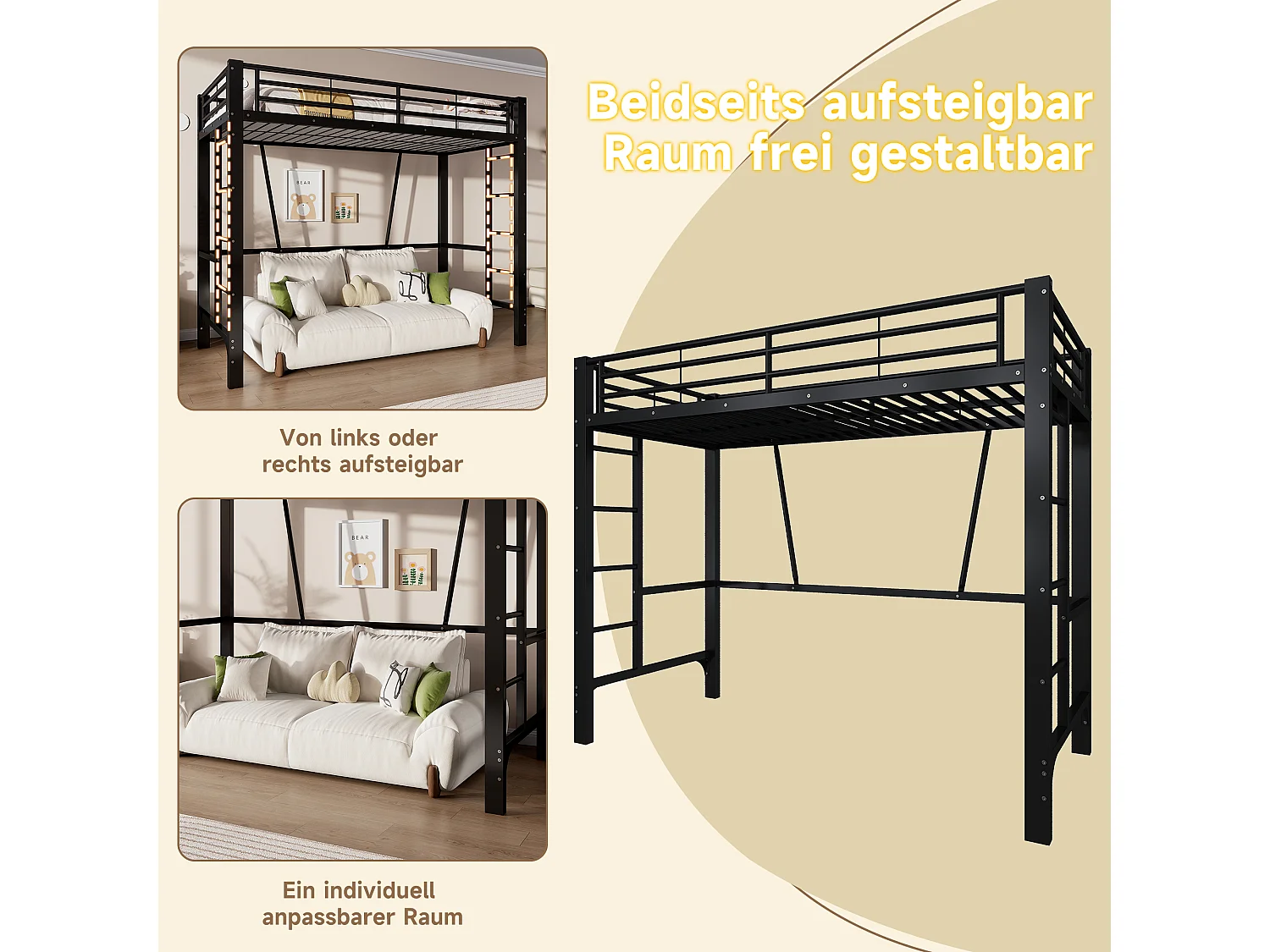 Lit mezzanine 90 x 200 cm - Cadre de lit en métal - 2 échelles - noir (matelas non inclus)