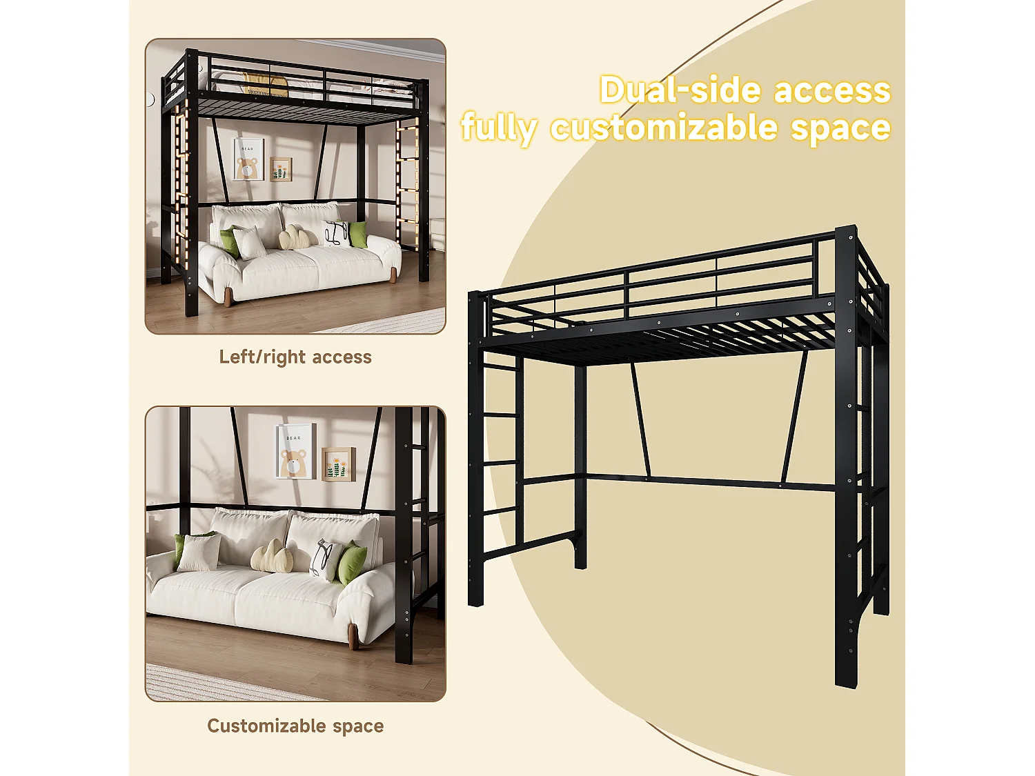 Lit mezzanine 90 x 200 cm - Cadre de lit en métal - 2 échelles - noir (matelas non inclus)