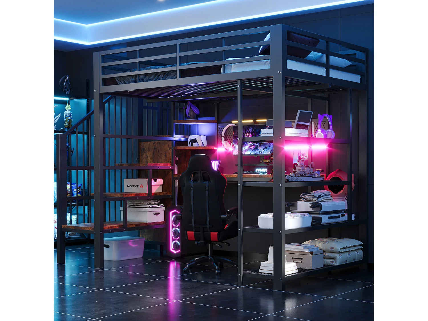 Lit mezzanine 140x200 cm avec bureau intégré, LED et prises - Lit en métal et bois noir