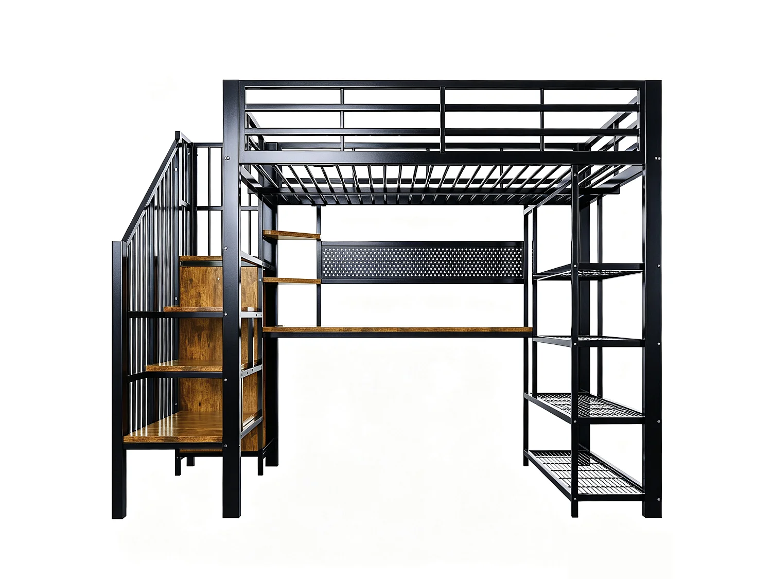 Lit mezzanine 140x200 cm avec bureau intégré, LED et prises - Lit en métal et bois noir