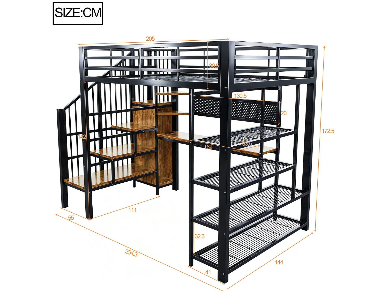 Lit mezzanine 140x200 cm avec bureau intégré, LED et prises - Lit en métal et bois noir