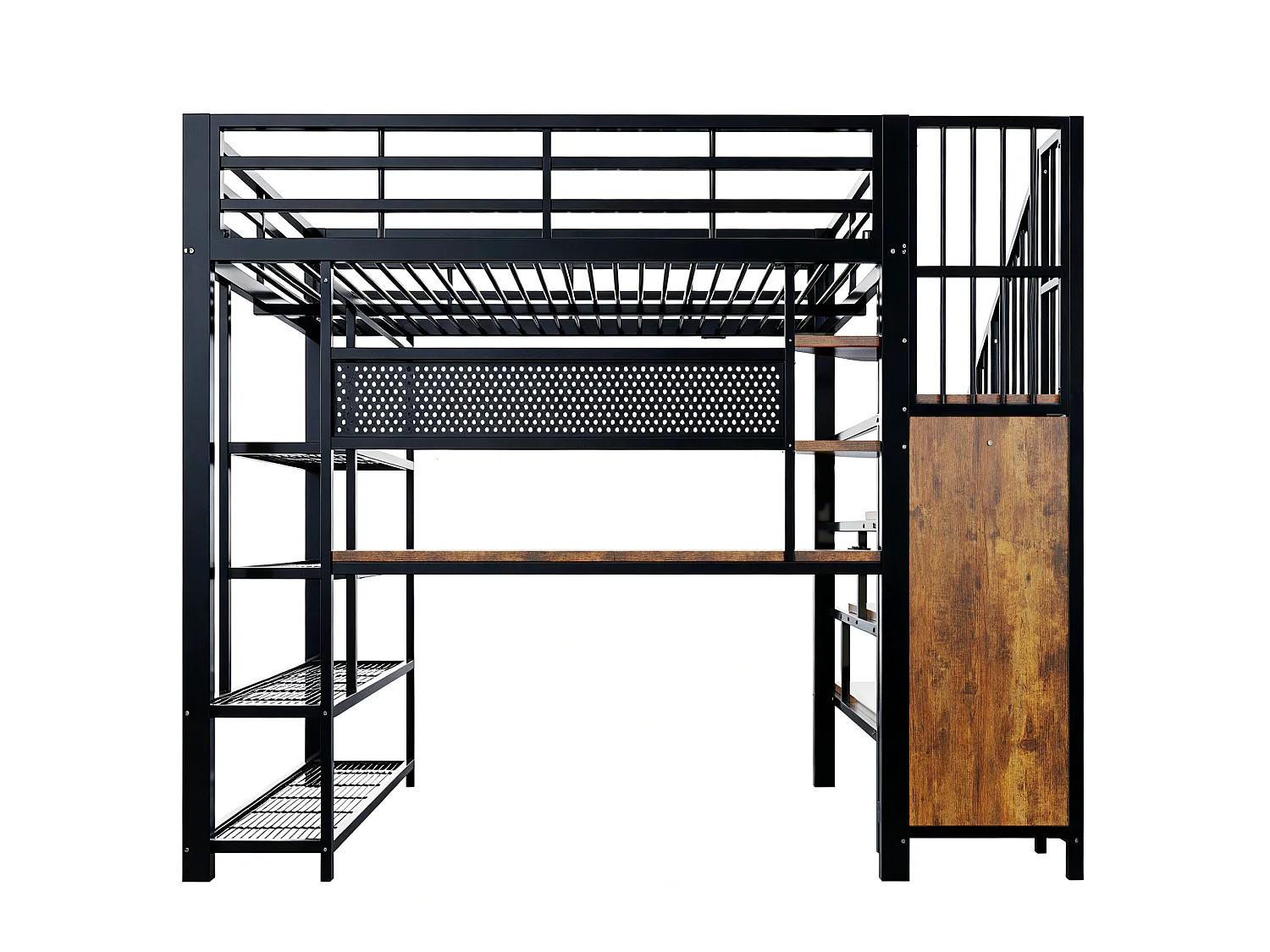 Lit mezzanine 140x200 cm avec bureau intégré, LED et prises - Lit en métal et bois noir