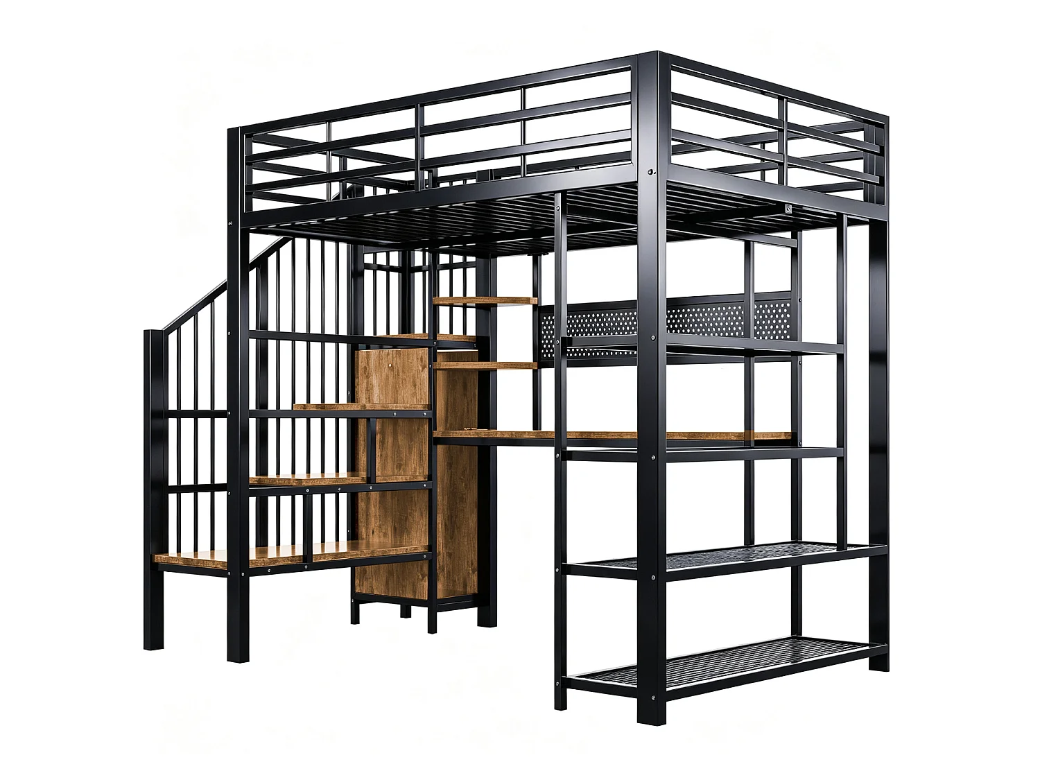Lit mezzanine 140x200 cm avec bureau intégré, LED et prises - Lit en métal et bois noir