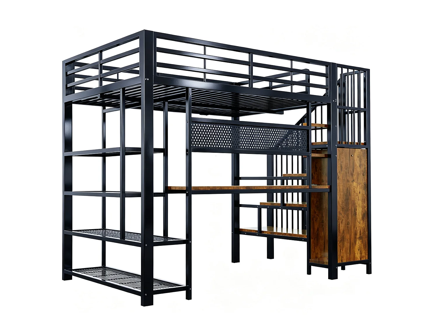 Lit mezzanine 140x200 cm avec bureau intégré, LED et prises - Lit en métal et bois noir