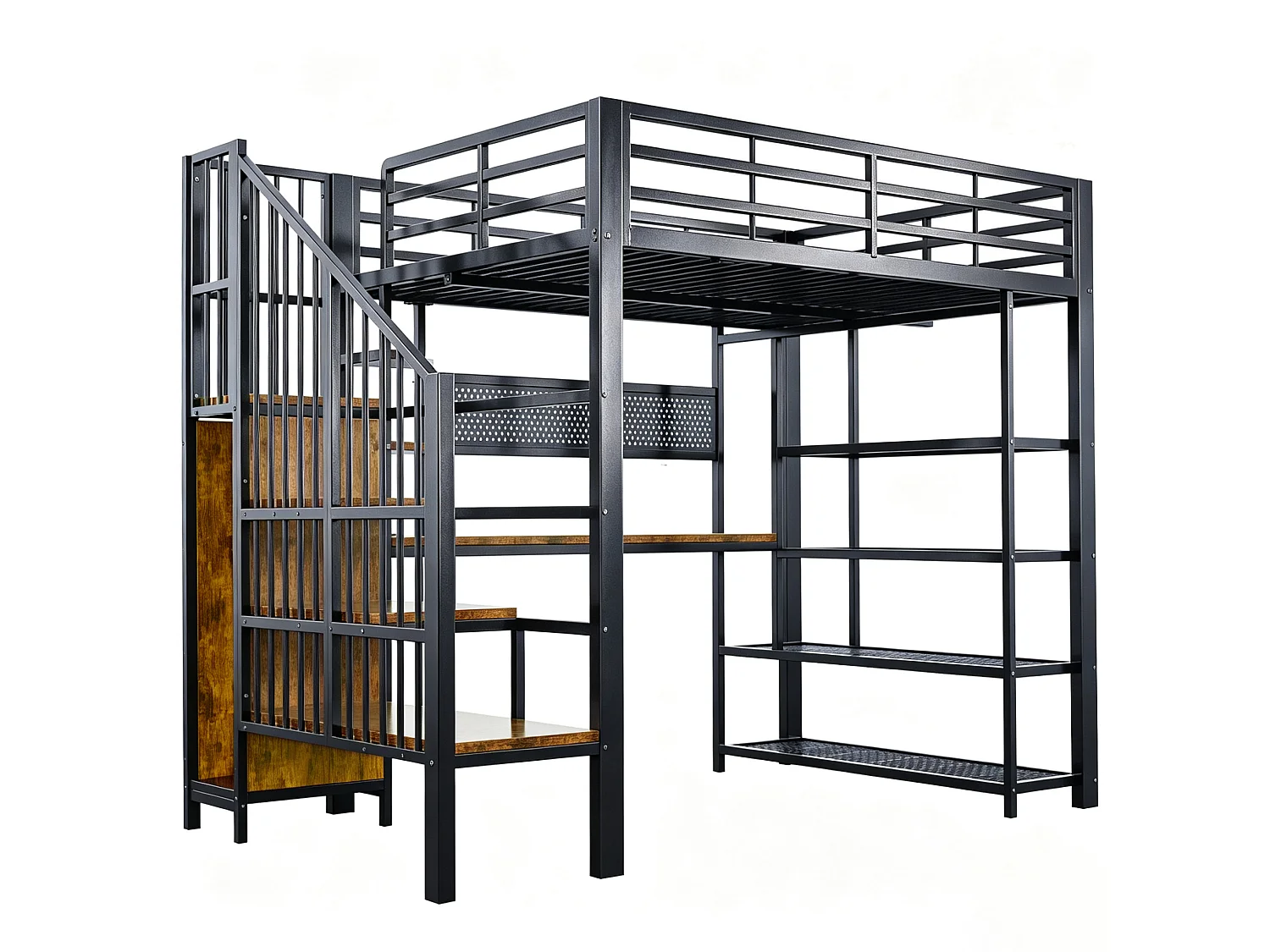 Lit mezzanine 140x200 cm avec bureau intégré, LED et prises - Lit en métal et bois noir