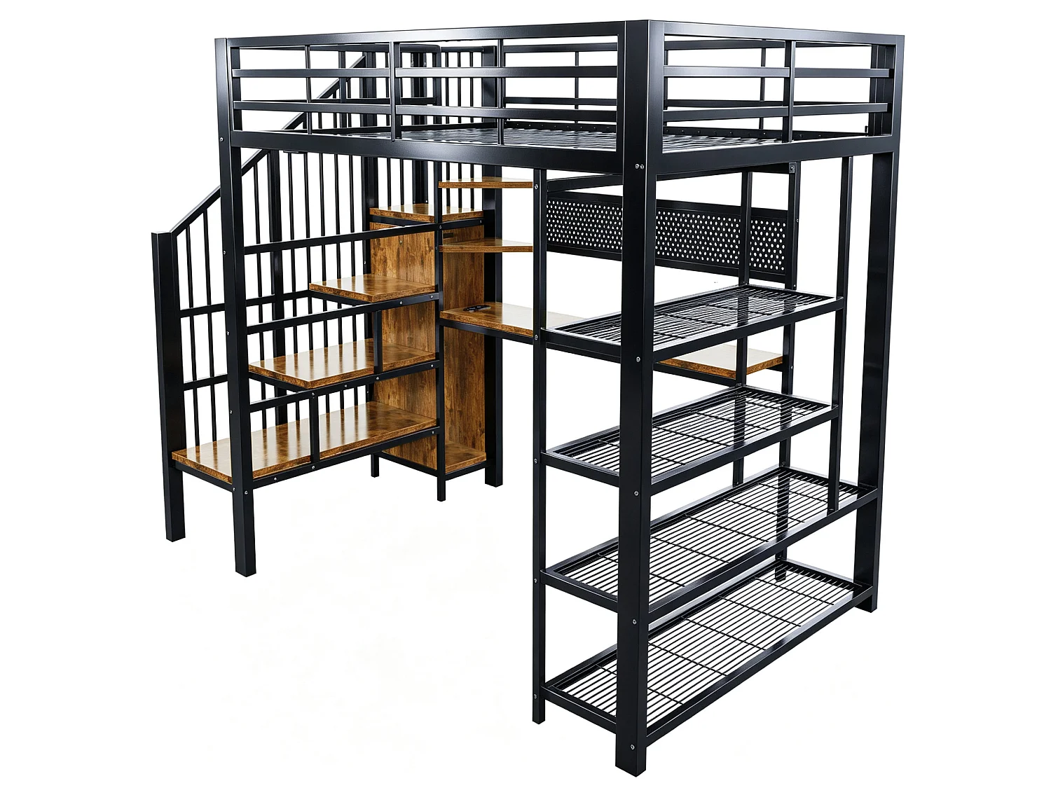 Lit mezzanine 140x200 cm avec bureau intégré, LED et prises - Lit en métal et bois noir