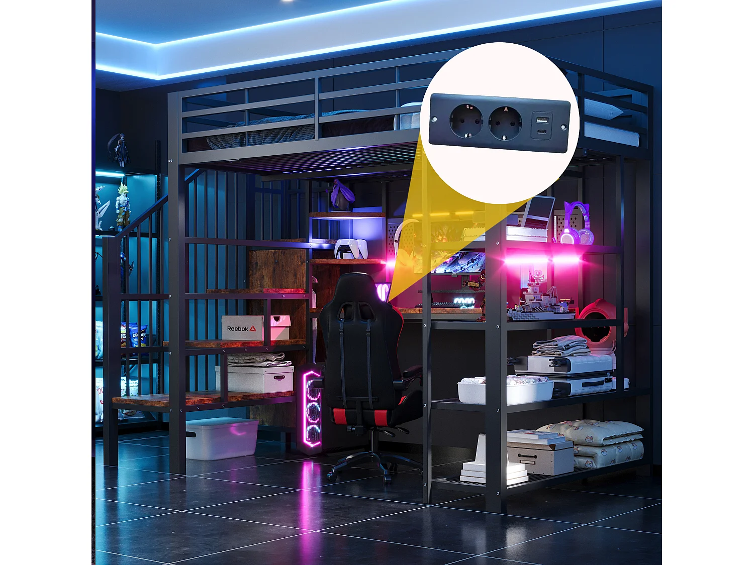 Lit mezzanine 140x200 cm avec bureau intégré, LED et prises - Lit en métal et bois noir