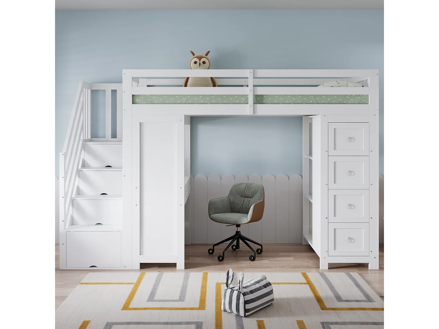 Cama alta infantil de 90x200 cm con escritorio, escalera y 6 cajones - Madera MDF blanca