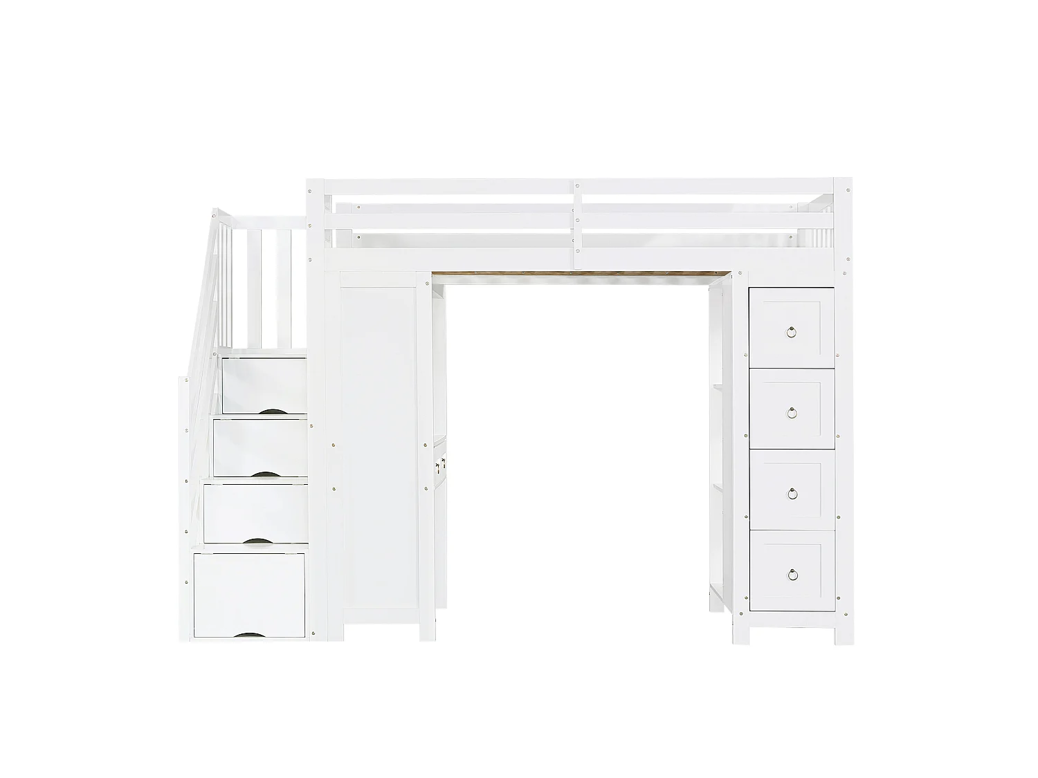 Cama alta infantil de 90x200 cm con escritorio, escalera y 6 cajones - Madera MDF blanca