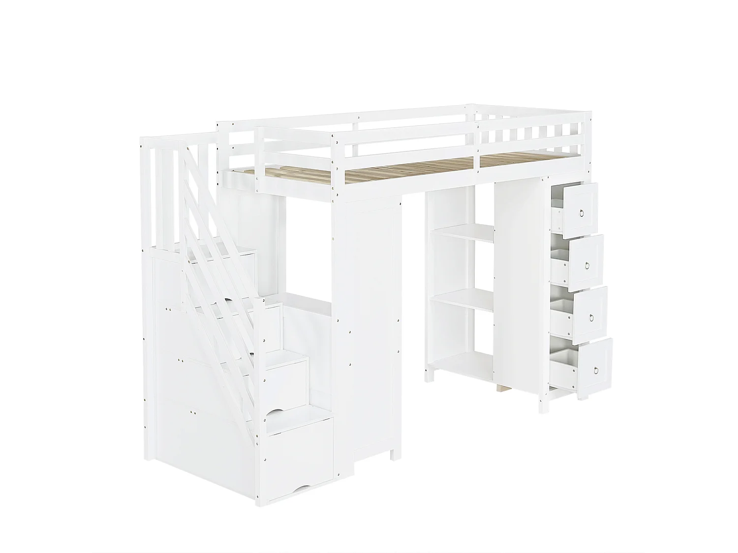 Cama alta infantil de 90x200 cm con escritorio, escalera y 6 cajones - Madera MDF blanca