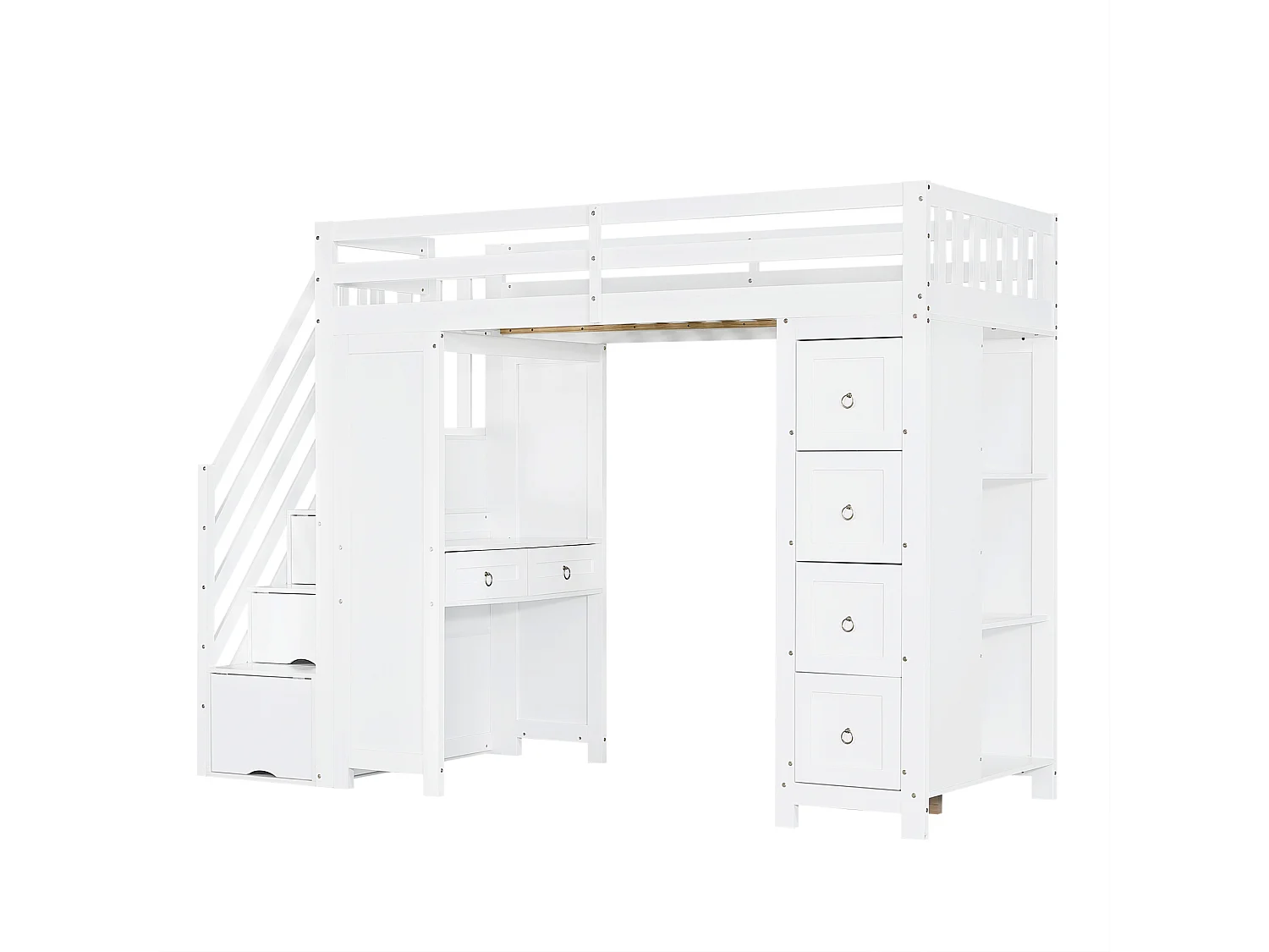 Cama alta infantil de 90x200 cm con escritorio, escalera y 6 cajones - Madera MDF blanca