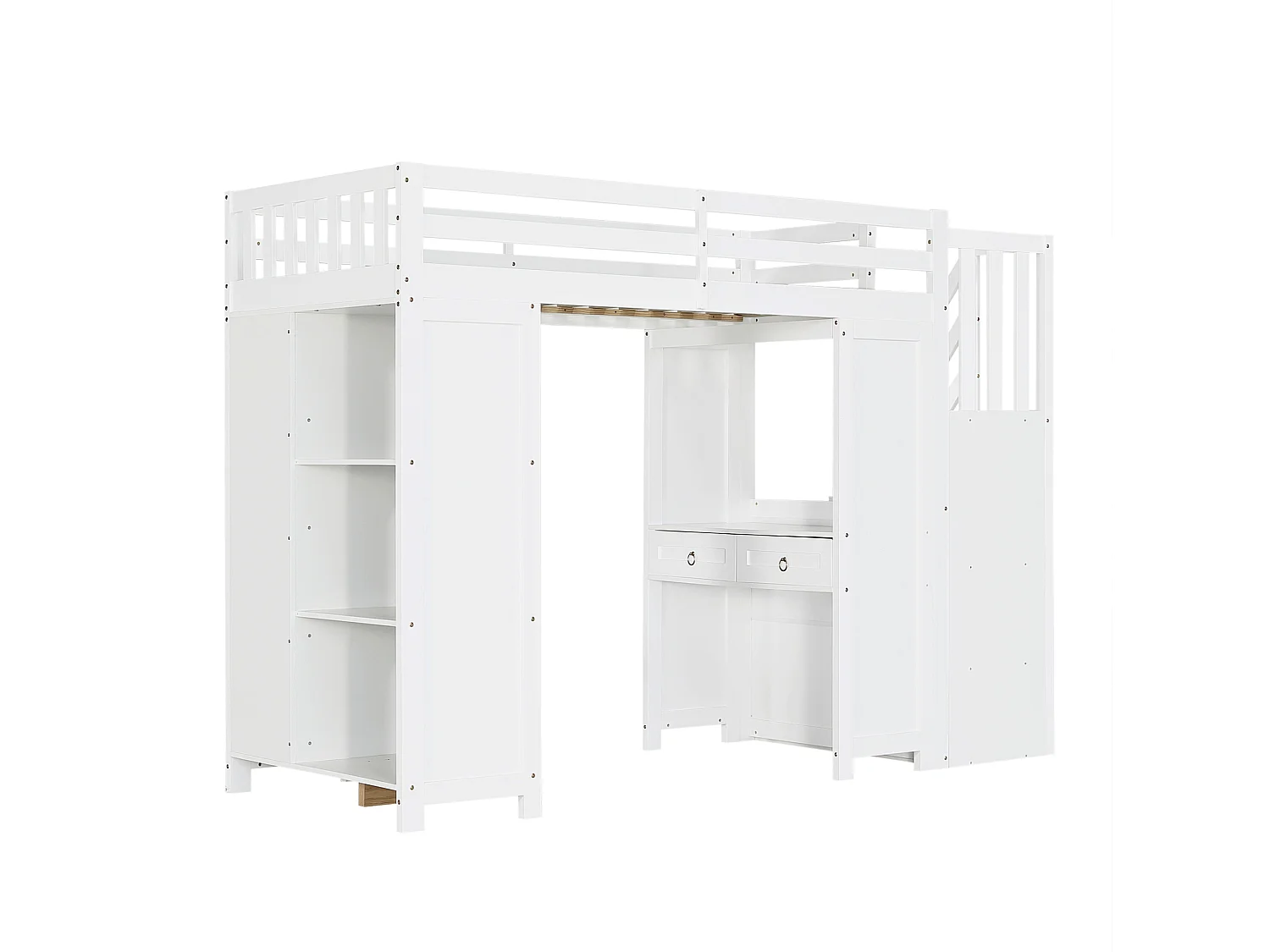 Cama alta infantil de 90x200 cm con escritorio, escalera y 6 cajones - Madera MDF blanca