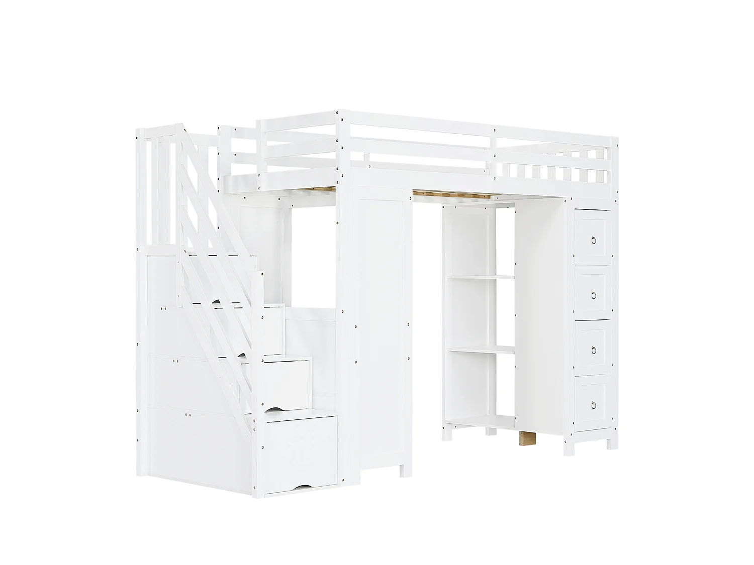 Cama alta infantil de 90x200 cm con escritorio, escalera y 6 cajones - Madera MDF blanca