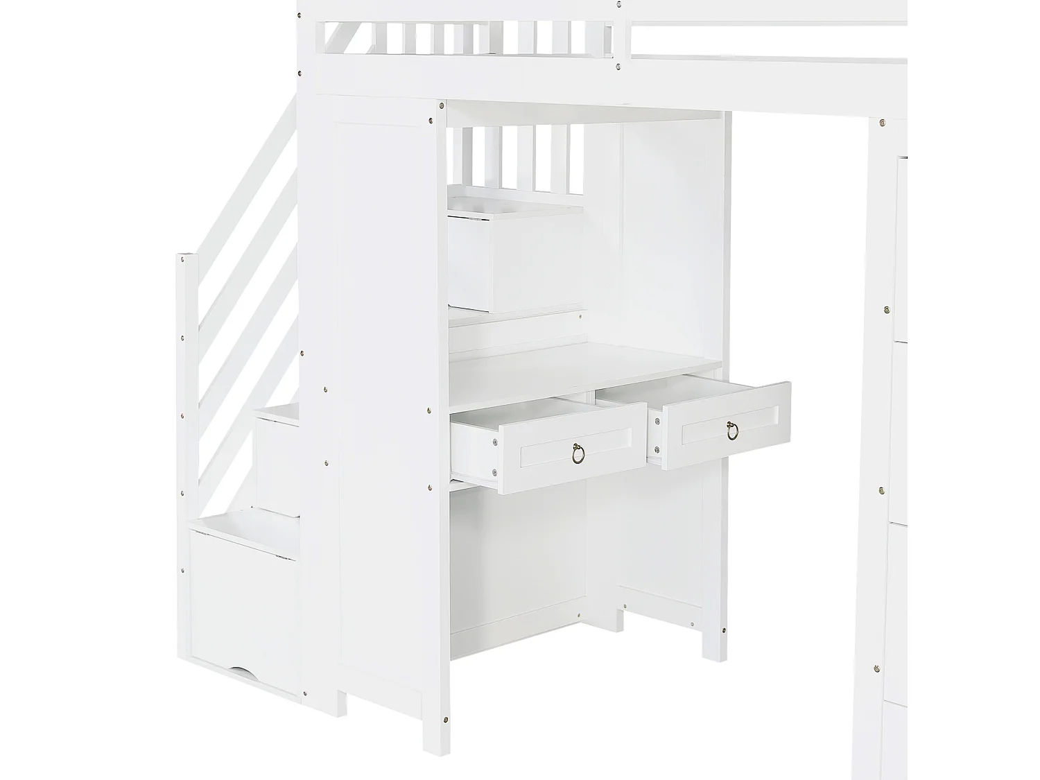 Cama alta infantil de 90x200 cm con escritorio, escalera y 6 cajones - Madera MDF blanca