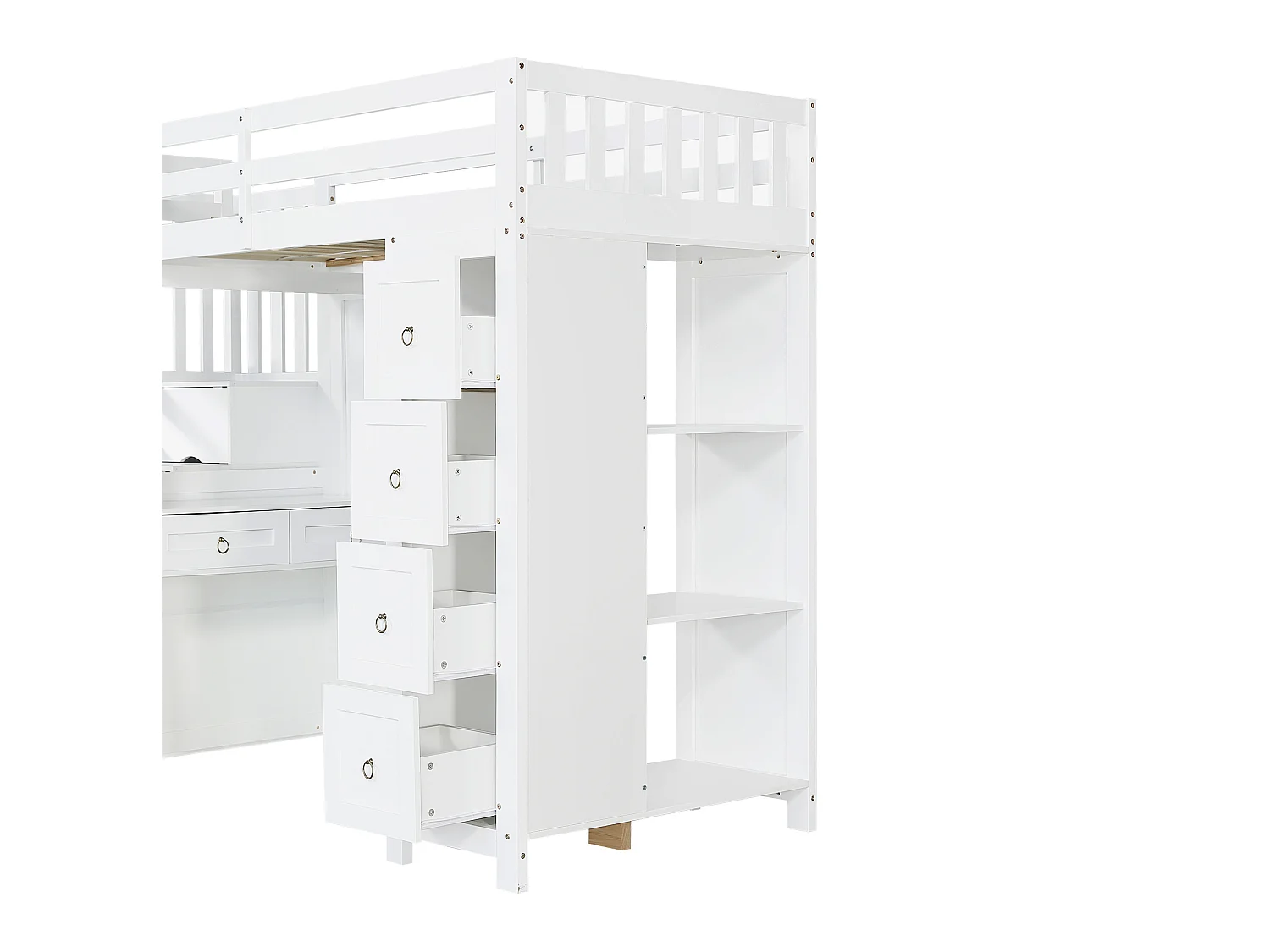 Cama alta infantil de 90x200 cm con escritorio, escalera y 6 cajones - Madera MDF blanca