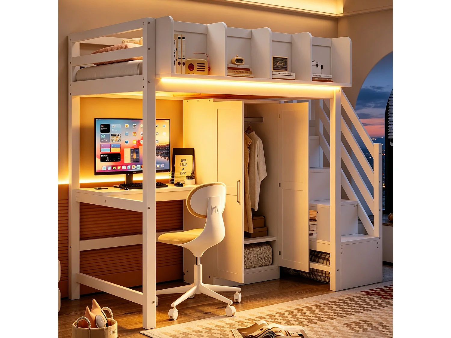 Lit mezzanine enfant 90x200 cm avec bureau, armoire, prises et LED - Bois blanc