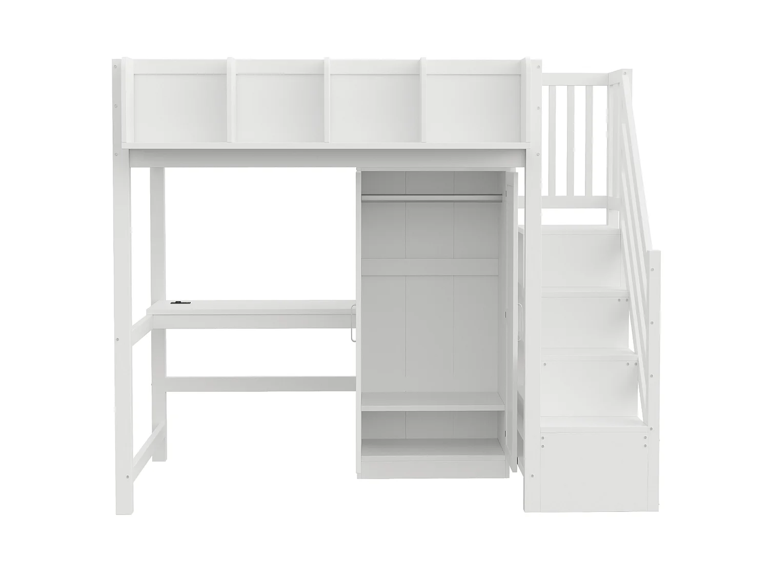 Lit mezzanine enfant 90x200 cm avec bureau, armoire, prises et LED - Bois blanc