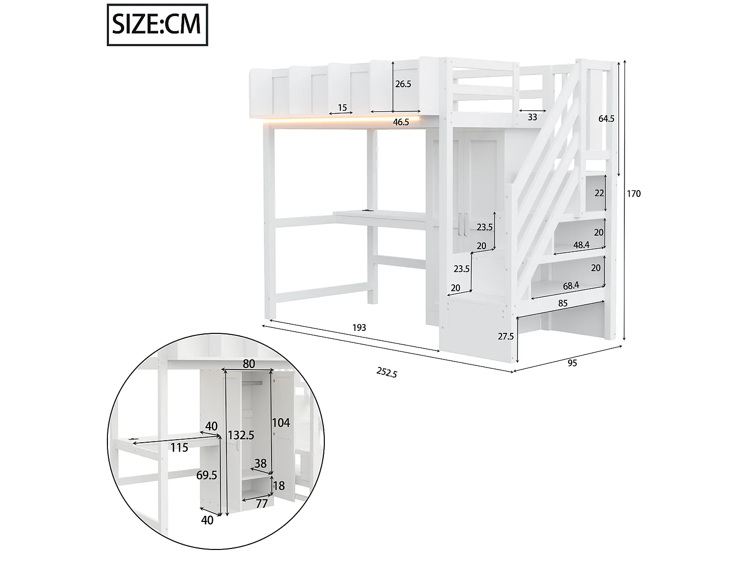 Lit mezzanine enfant 90x200 cm avec bureau, armoire, prises et LED - Bois blanc