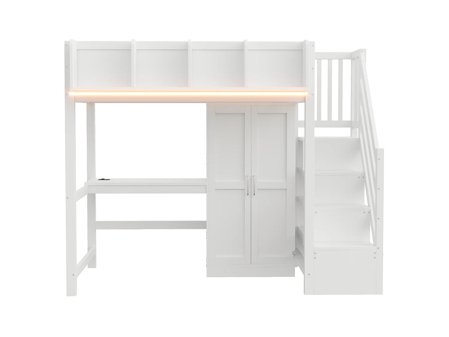 Lit mezzanine enfant 90x200 cm avec bureau, armoire, prises et LED - Bois blanc
