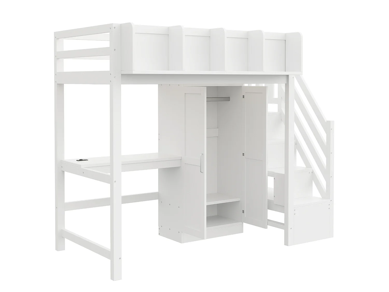 Lit mezzanine enfant 90x200 cm avec bureau, armoire, prises et LED - Bois blanc