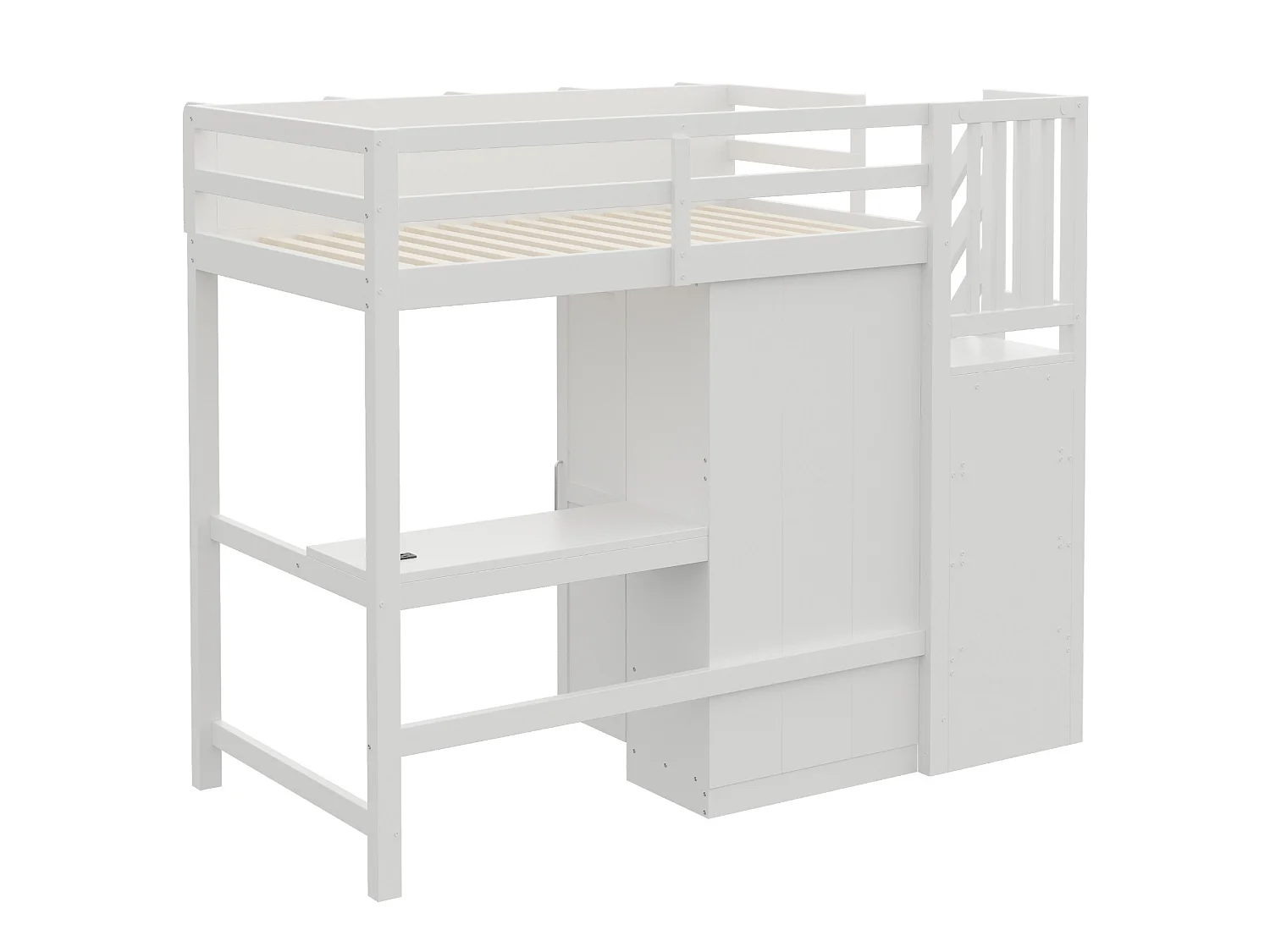 Lit mezzanine enfant 90x200 cm avec bureau, armoire, prises et LED - Bois blanc