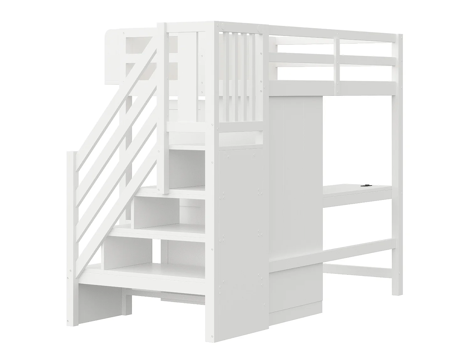 Lit mezzanine enfant 90x200 cm avec bureau, armoire, prises et LED - Bois blanc