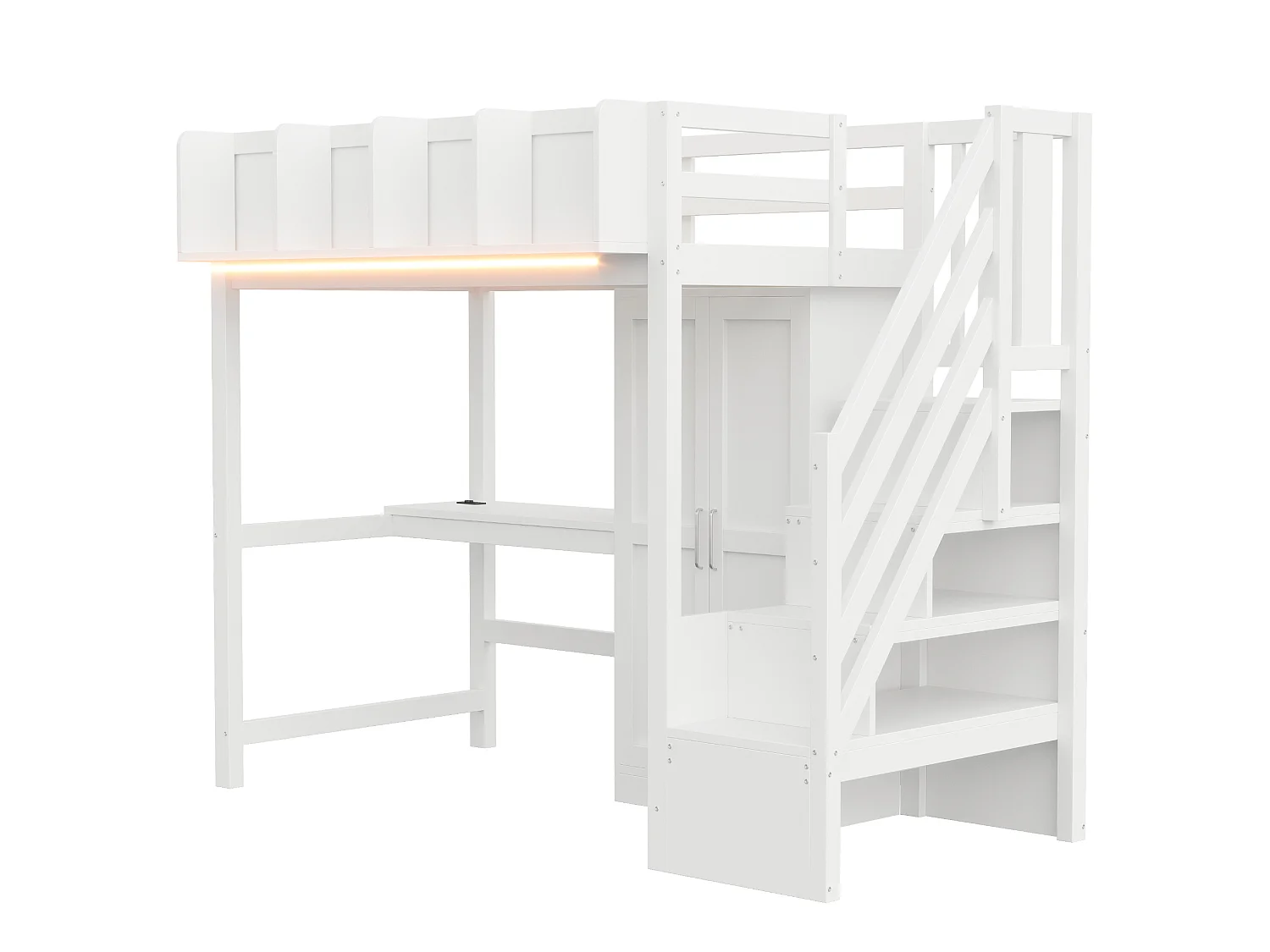 Lit mezzanine enfant 90x200 cm avec bureau, armoire, prises et LED - Bois blanc