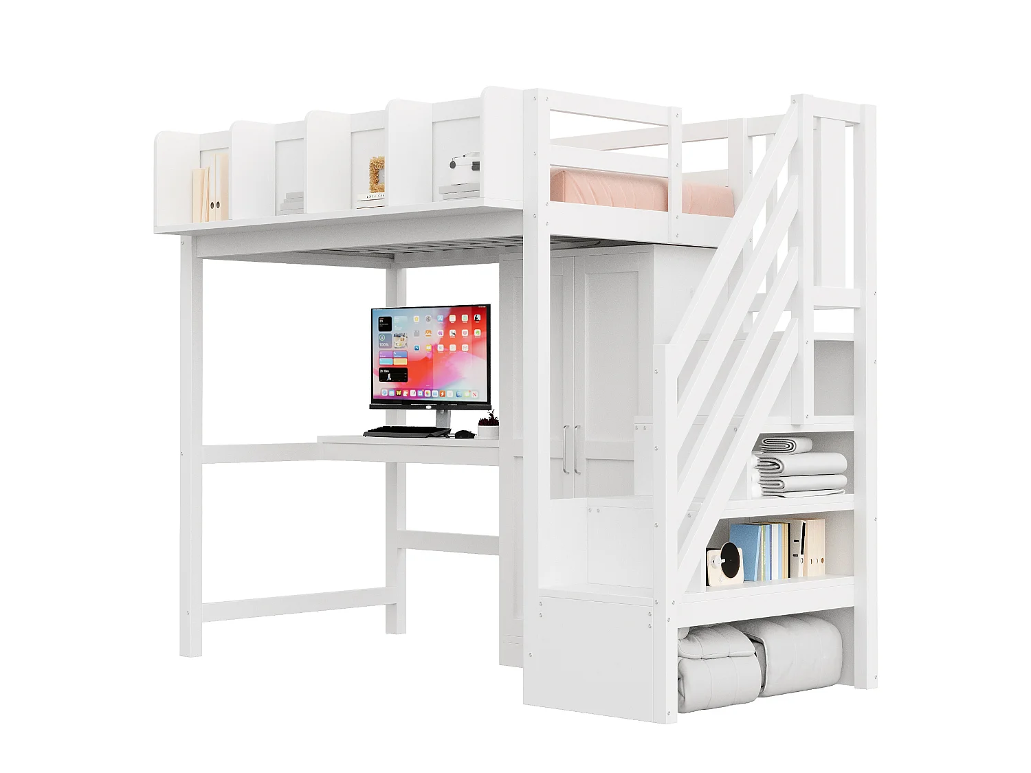 Lit mezzanine enfant 90x200 cm avec bureau, armoire, prises et LED - Bois blanc