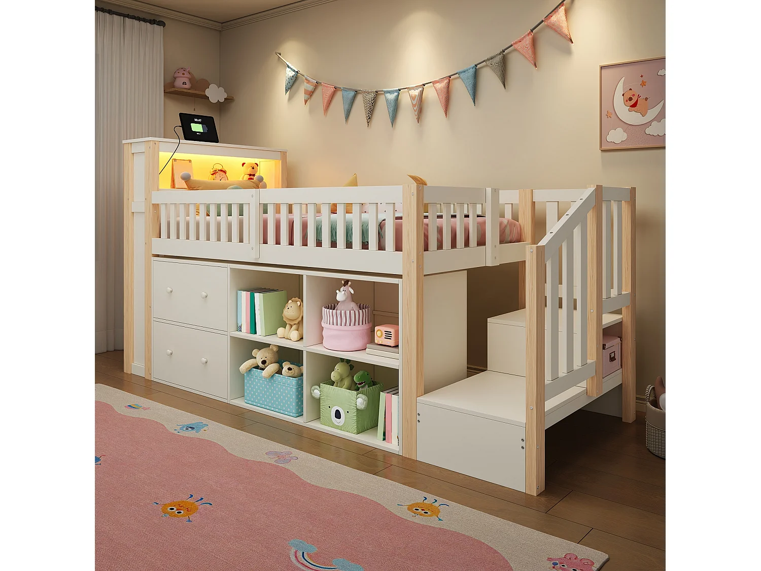 Lit enfant 90 x 200 cm - avec 2 tiroirs - avec compartiments de rangement - avec lumière LED - naturel (matelas non inclus)